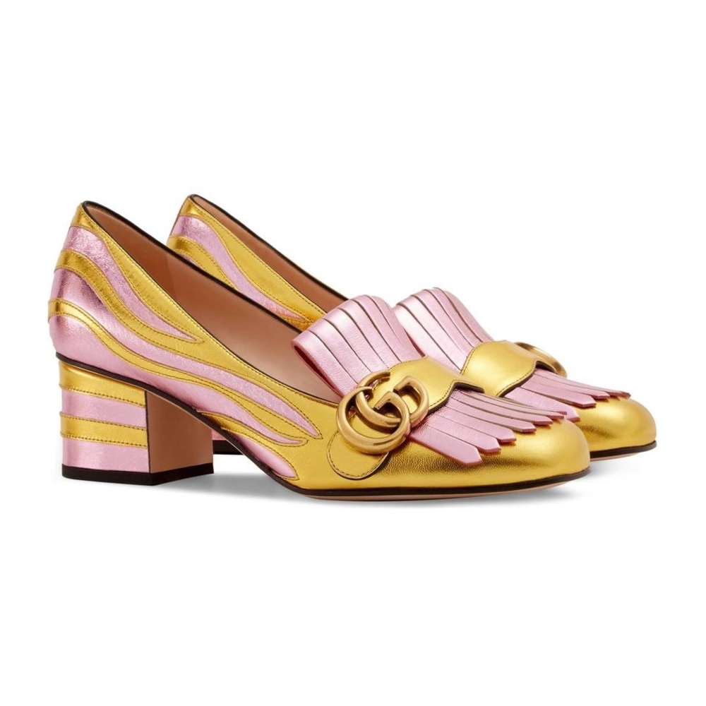 Authentic Gucci Zebra Metallic Pink Gold Marmont 55mm Mid-heel Pump